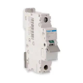 Modern miniature circuit breakers on a DIN rail